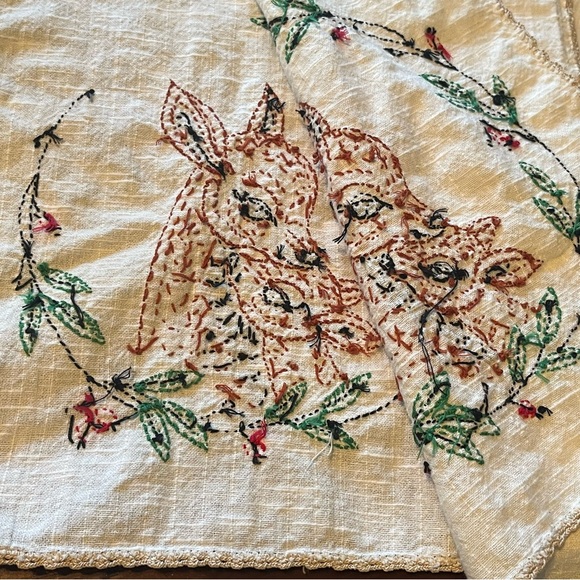 MCM 2 Dresser Scarf Embroidered Baby Deer & Momma Crochet Edge Vintage 35” L - Picture 5 of 12